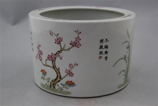 A Chinese famille rose cylindrical brush pot, 21.5cm diam.